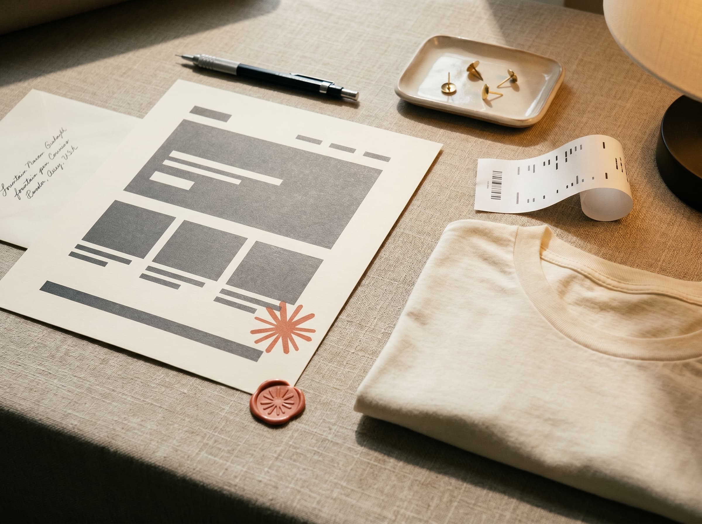 A sketched paper mockup of a product landing page with a coral wax seal