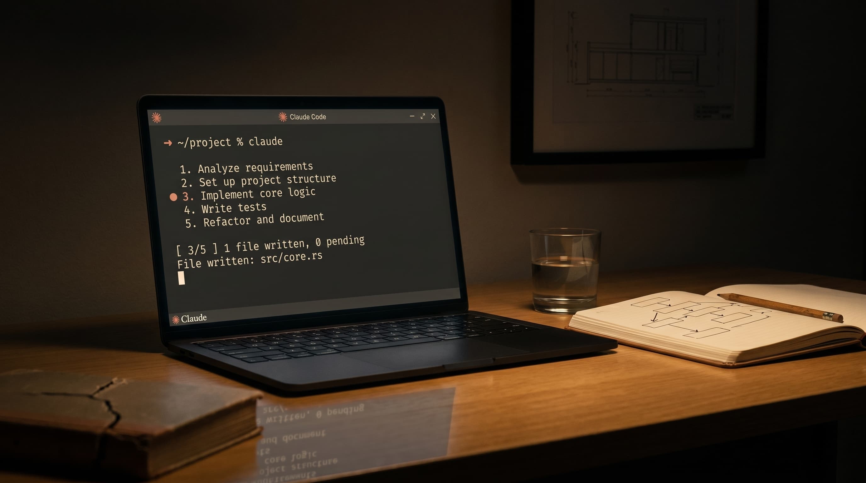 A laptop showing the Claude Code terminal running an agentic coding plan with step 3 active