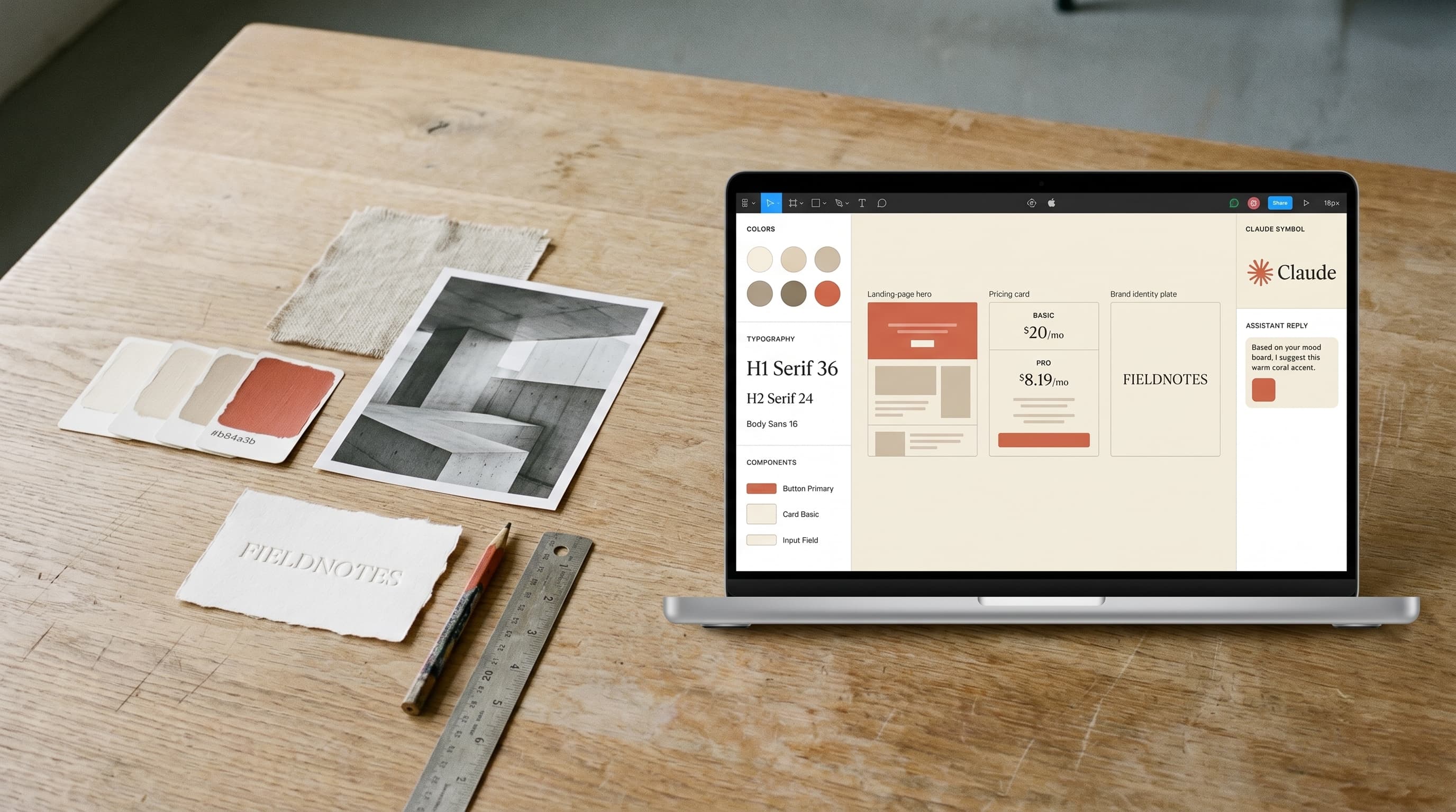 A laptop showing a design canvas with a Claude assistant sidebar suggesting swatches and typography
