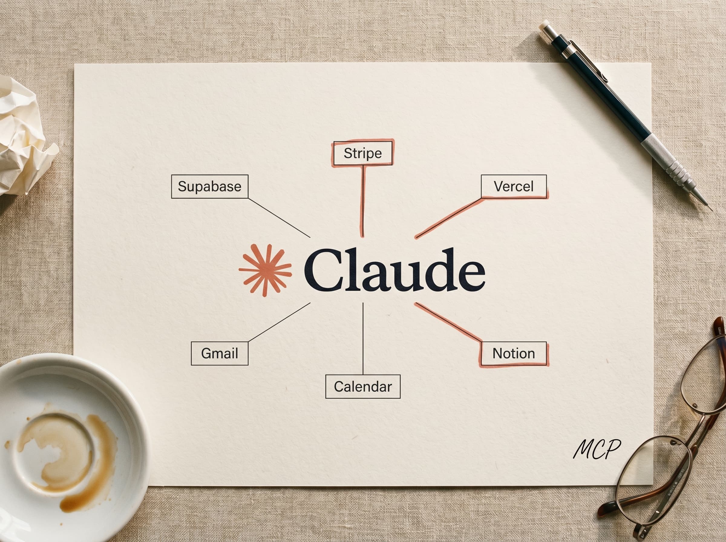A hand-drawn MCP paper diagram showing Claude at the centre wired to six product tools