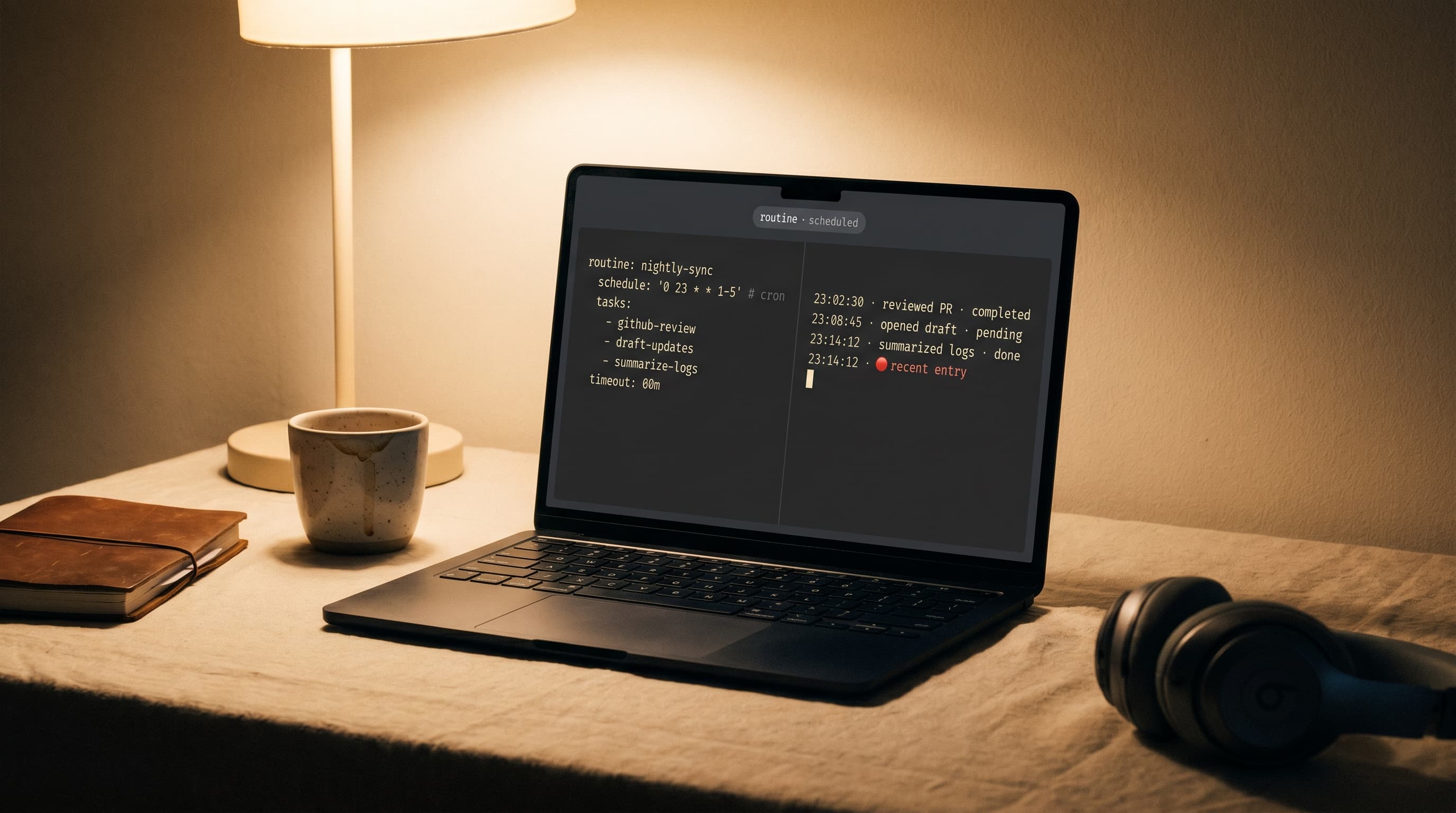 A laptop on a quiet evening desk running a scheduled Claude Code routine with timestamped log entries